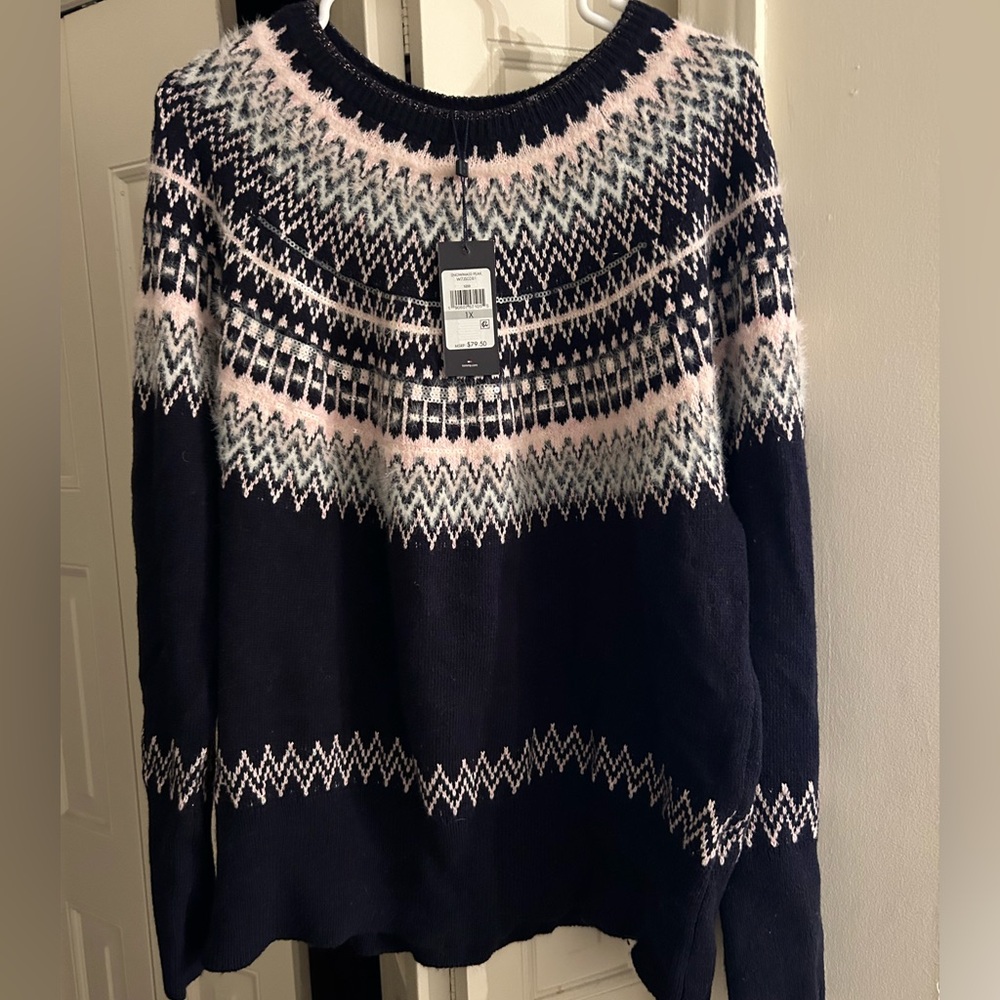 Tommy Hilfiger Navy Crewneck Sweater with Pink & Gray Fair Isle